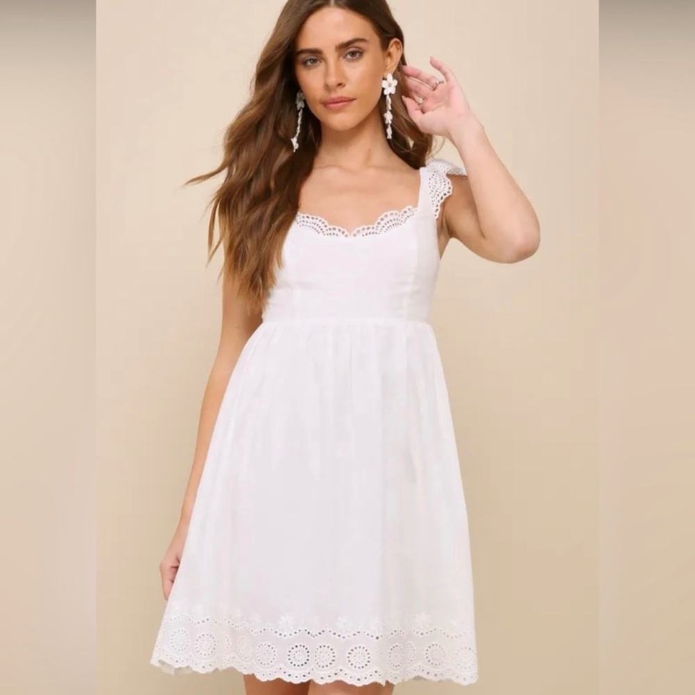 Lulus Kindest Cutie White Eyelet Embroidered Ruffle Strap Mini Dress - Size M